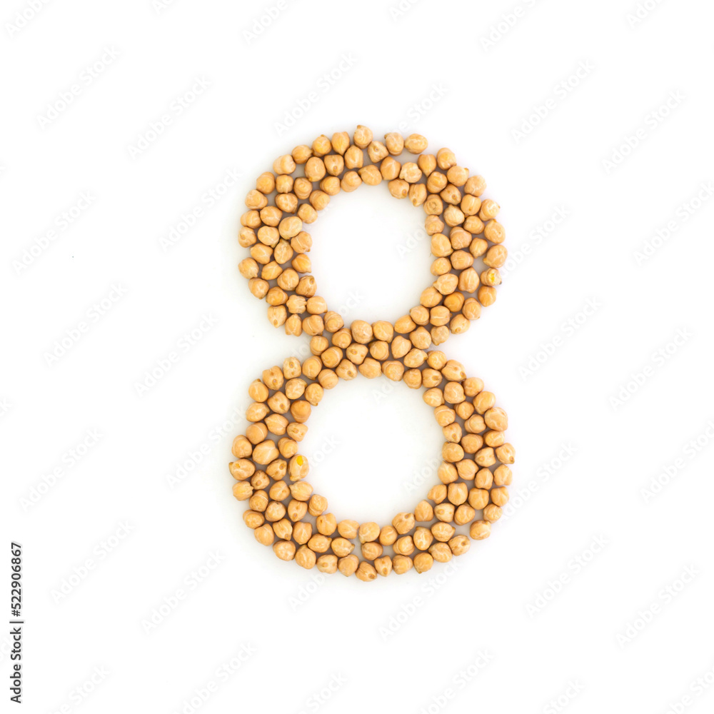 Obraz premium Number 8 made from chickpea beans. Dry chick pea font. Alphabet made from gram . White background