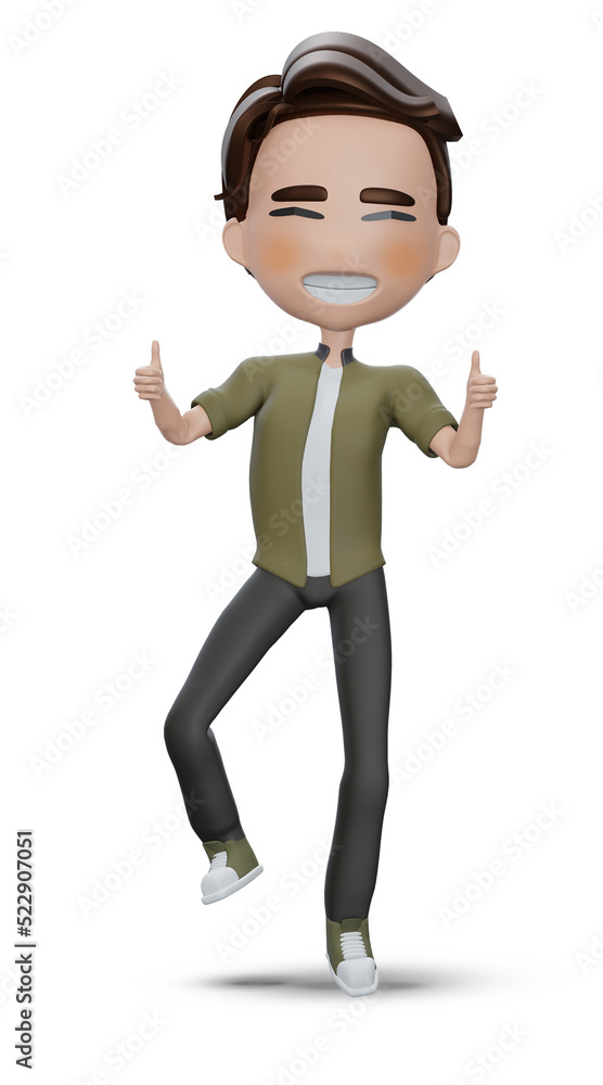 3d render tourist cartoon character dance cute boy shows fingers up 3d render tourist cartoon character dance cute boy shows fingers up