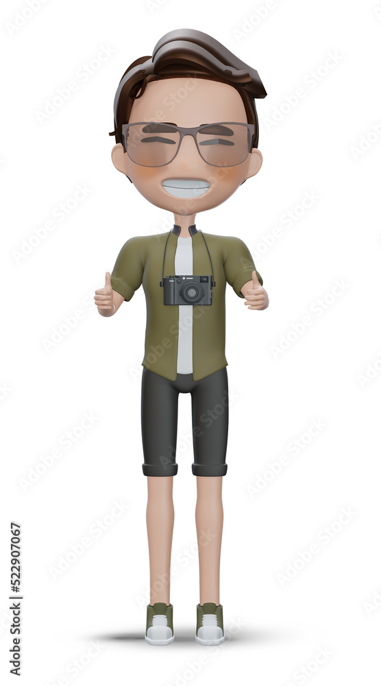 3d render tourist cartoon character dance cute boy shows fingers up 3d render tourist cartoon character dance cute boy shows fingers up