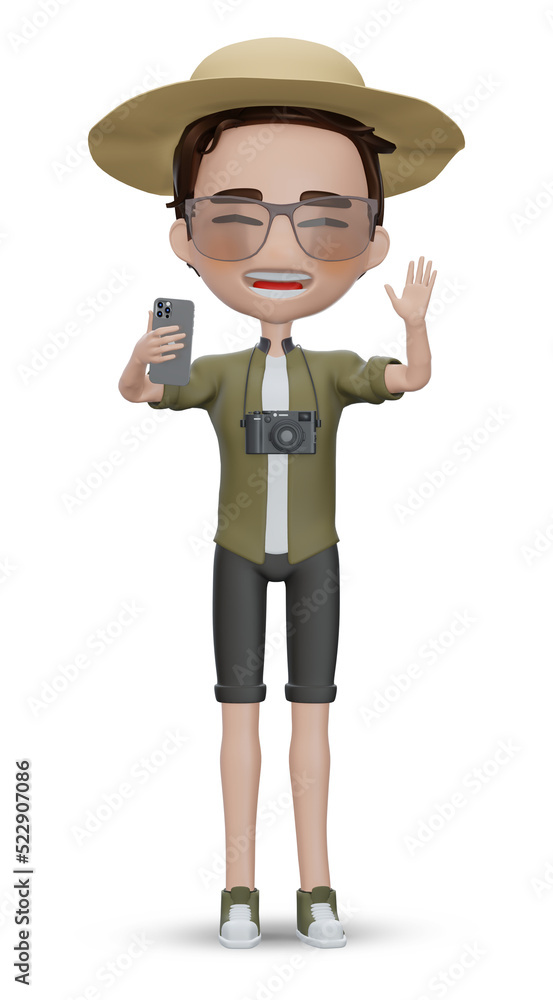 3d render tourist  with phone , Young man holding smart phone 3d cartoon character