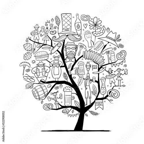Octoberfest art, concept tree for your design. Beer party. Colouring page