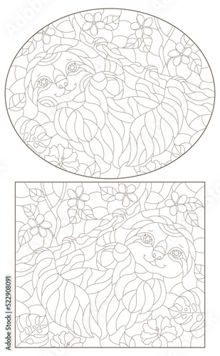 A set of contour illustrations in the style of stained glass with cute sloths on tree branches, dark contours on a white background