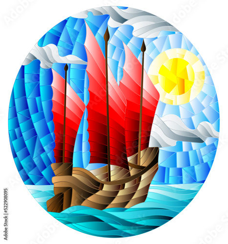 Illustration in stained glass style with the Eastern ship with red sails on the background of sky, sun and rocky shores