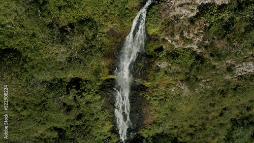 Idyllic Waterfall, Cascada de la Virgen In Baños de Agua Santa, Ecuador - drone shot