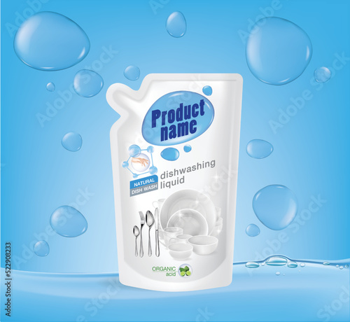 Dishwashing liquid product sachet on the blue background