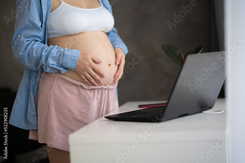 Pregnant woman using laptop at home. pregnant belly of expectant mother with computer. Searching, online communication, shopping via Internet or working during pregnancy. Pregnancy © mtrlin