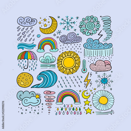 Weather collection  meteorology symbols. Art background for your design. Childish style.