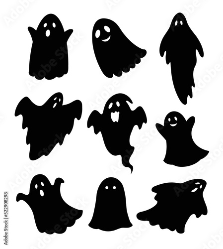 Halloween ghosts hand drawn cartoon set. Ghosts silhouettes flying on white background.