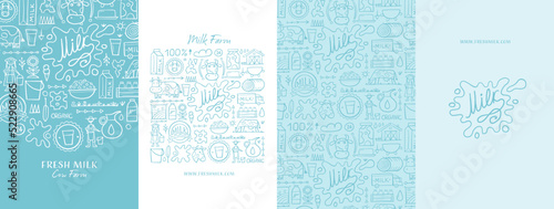 Organic natural milk farm. Set of 4 concept art for your design project - cards, banners, poster, web, print, social media, promotional materials. Vector illustration