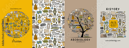 Archelogy, historic concept arts collection. Frame, background, tree. Set for your design project - cards, banners, poster, web, print, social media, promotional materials. Vector illustration