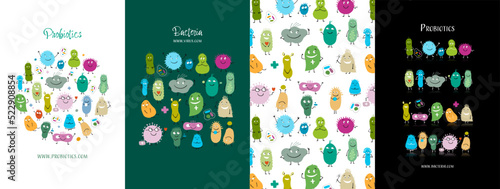 Concept Art set, funny and scary bacteria characters. Frame, background, icons. Set for your design project - cards, banners, poster, web, print, social media, promotional materials. Vector