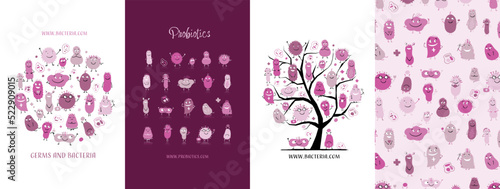 Concept Art set, funny and scary bacteria characters. Frame, background, tree, icons. Set for your design project - cards, banners, poster, web, print, social media, promotional materials. Vector