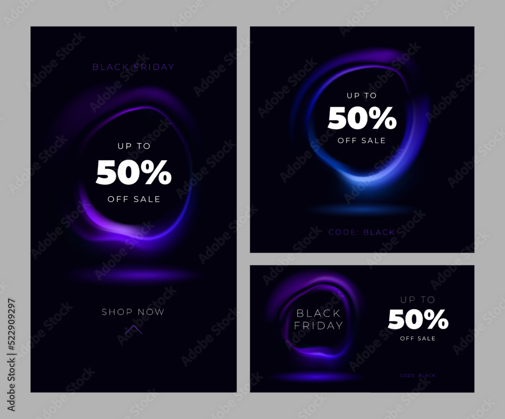 Black Friday sale illustration with neon glowing wave and copy space. 50 percent off. Fluorescent round frame. Vector template for banner, website, store, discount, shop, business, promo, app. Black Friday sale illustration with neon glowing wave and copy space. 50 percent off. Fluorescent round frame. Vector template for banner, website, store, discount, shop, business, promo, app.