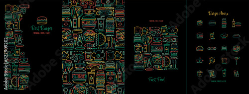 Fast food icons. Hamburger pizza sausages snacks sandwich ice cream. Food menu. Set of concept art for your design project - cards, banners, poster, web, print, social media, promotional materials