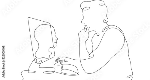 One continuous line.The man at the computer. 3D modeler at work. 3D modeling. Game Designer. Designer at laptop. One continuous line is drawn on a white background.