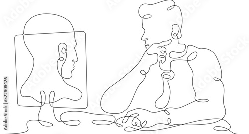 One continuous line.The man at the computer. 3D modeler at work. 3D modeling. Game Designer. Designer at laptop. One continuous line is drawn on a white background.