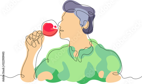 One continuous line.The man drinks alcohol. Male character holding a glass of wine. Red wine. Abstract flat color illustration.
