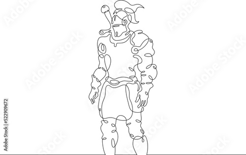 One continuous line.Medieval knight. Fantasy hero in heavy armor. Warrior in combat attire.One continuous line is drawn on a white background.