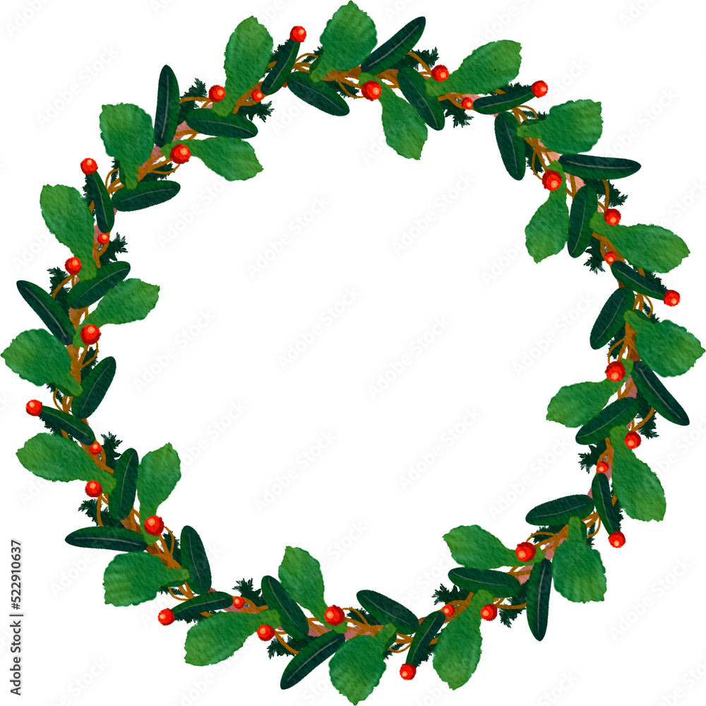 Wreath of Green Leaf with Red Berrys on Branches Wreath of Green Leaf with Red Berrys on Branches