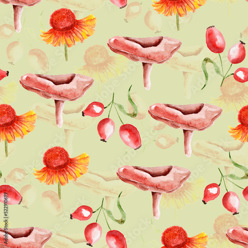 Forest mushroom, wild rose, berries, flowers watercolor seamless pattern. Template for decorating designs and illustrations.