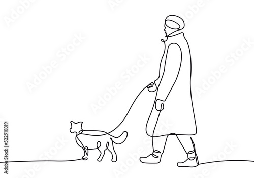 Man with Dog Continuous Line Drawing. Vector Line Drawing of Cute Dog Walking Black Sketch Isolated on White Background. Minimal Abstract Illustration for Modern Graphic Design. Vector EPS 10