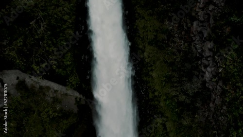Top Down View Of Devil's Cauldron (Pailon Del Diablo Waterfall) In Baños de Agua Santa, Ecuador - drone shot
