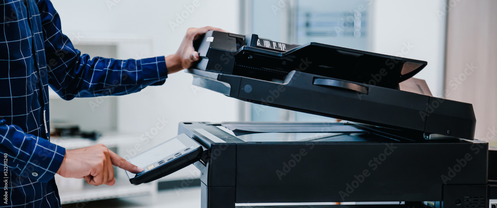 Fotografia do Stock: Copier printer, Close up hand office man press ...