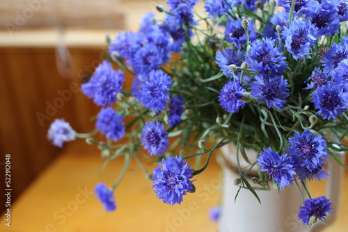 Bouquet of wild blue cornflowers in a vase by the window  blurred floral background