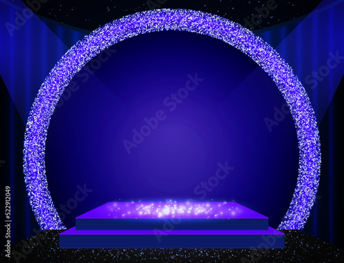 Vector illustration blue shine background with round sparkle arch and stage podium