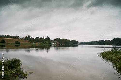 Rainy Day at the Lake. Pond view with some forests and trees on the other shore. Calm day on the coast of a swamp