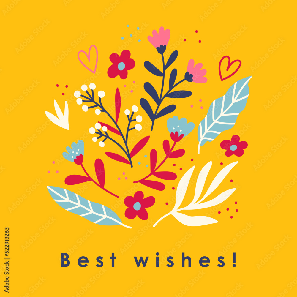 Fototapeta premium Trendy square floral greeting card template. Hand drawn flower flat vector illustration. Suitable for social media posts, mobile apps, banners design and web internet ads. Vector fashion backgrounds.