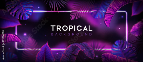 Summer background with neon frame and  fluorescent tropic leaves. Nature concept. Vector illustration