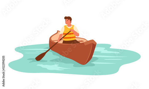 Man rafting in canoe on lake in life jacket. Isolated cartoon male sitting in boat, holding paddle and enjoying summer adventure. Vector illustration on white background.