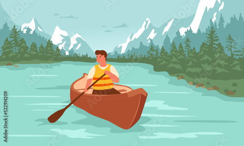Foto Man rafting in canoe on lake, snowy mountains and coniferous forest on background