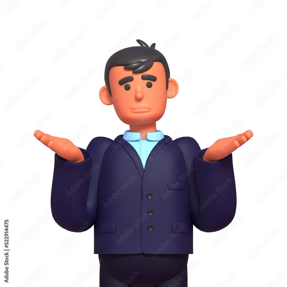 3d render of businessman in dark suit confused, unsure 3d render of businessman in dark suit confused, unsure
