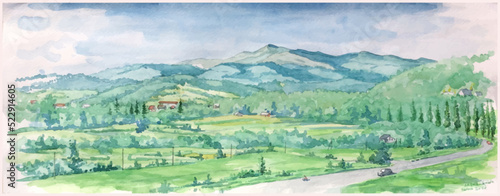 Background, screensaver, banner. Artwork in green, Carpathian mountains. Trans carpathia. Artistic presentation, design template. Rural nature, magazine, brochure, book, interior. Vector illustration