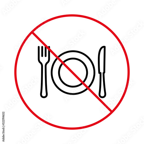 Prohibit Fork Plate Knife Stop Outline Symbol. No Allow Dishware Sign. Ban Dinner Restaurant Cutlery Black Line Icon. Forbid Dining Knife Plate Fork Silverware Pictogram. Isolated Vector Illustration