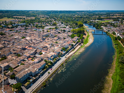 Aerial view of Sainte Foy la Grande and Dordogne river, Gironde, France. High quality photo