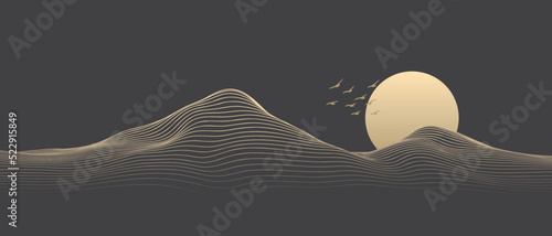 Print op canvas Vector abstract art landscape mountain with birds and sunrise sunset by golden line art texture isolated on dark grey black background