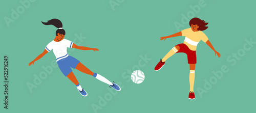 Female soccer players playing ball football field. Women football match vector illustration. Different sport team girls running to kick ball. Athlete game training. Isolated play on green background