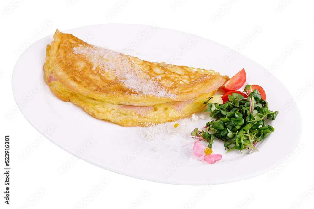 Omelette with ham cherry tomatoes on plate