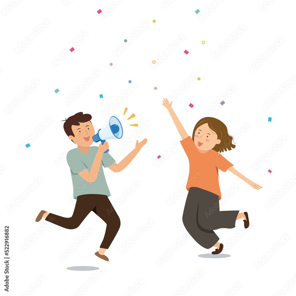 couple jumping with happy face and hands holding loudspeaker concept. couple jumping with happy face and hands holding loudspeaker concept.