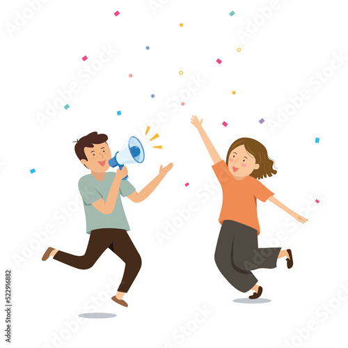 couple jumping with happy face and hands holding loudspeaker concept.