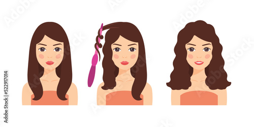 Brunette Woman Uses a Curling Iron to Curl her Hair. Steps. Curly Hair on Female Head. Happy Lady with Wavy Curls on Long Hair. Before After. Colorful Cartoon style. White background. Vector image.