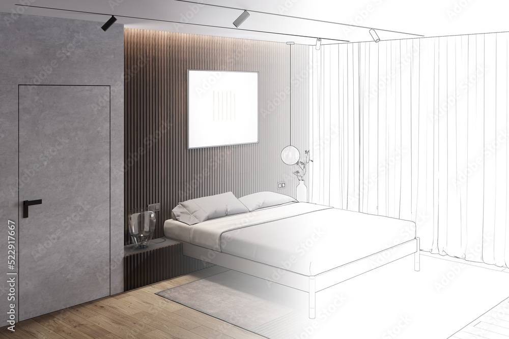 A sketch becomes a minimalist bedroom with a horizontal poster on a dark wooden wall, a glass lamp on the bedside table next to the bed with linen, a window with curtains, a built-in door. 3d render A sketch becomes a minimalist bedroom with a horizontal poster on a dark wooden wall, a glass lamp on the bedside table next to the bed with linen, a window with curtains, a built-in door. 3d render