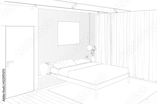 A sketch of the minimalist bedroom with a horizontal poster on the wall above the headboard, a lamp on the bedside table next to the bed, a large window with curtains, and a built-in door. 3d render