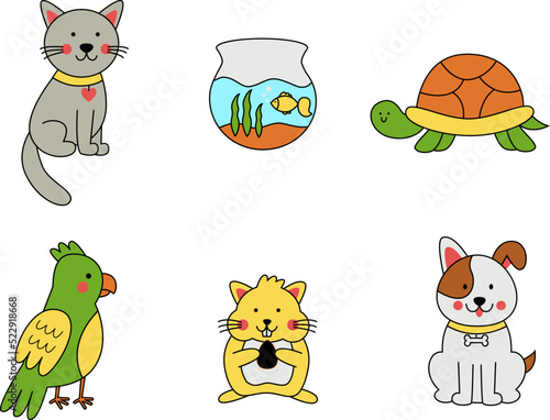 Set of cute hand drawn pets in cartoon style.
