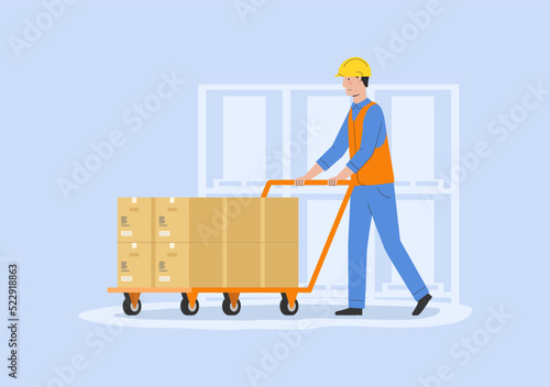 Concept Of Warehouse. Storehouse Cheerful Worker In Uniform Pushing Cart With Parcels. Modern Warehouse With Cardboard Boxes On Rack And Staff. Cartoon Linear Outline Flat Style. Vector Illustration