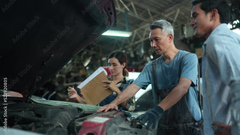 auto car service maintenance concept, customer person discussion and talking with mechanic technician for automobile occupation job to vehicle checking and repair, meeting with client in garage auto car service maintenance concept, customer person discussion and talking with mechanic technician for automobile occupation job to vehicle checking and repair, meeting with client in garage