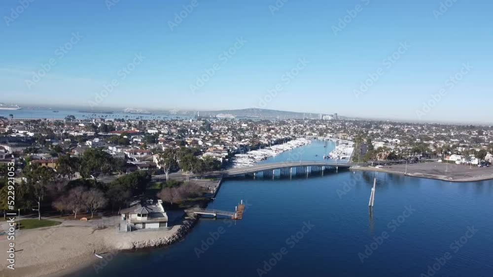 Drone flies over bridge on water channel. Drone flies over bridge on water channel.